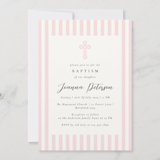 Elegante rosa Girl Baptisse Einladung (Vorderseite)