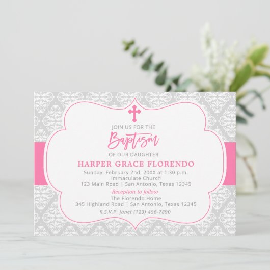 Elegante Rosa Girl Taufe Einladung (Stehend Vorderseite)