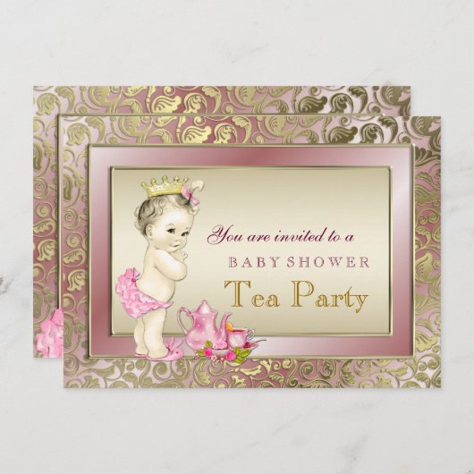 Elegante Rosa Girls Tea Party Babydusche Einladung (Vorne/Hinten)