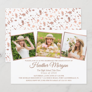 Elegante Rosa Gold 3 Foto Graduation Party Einladung