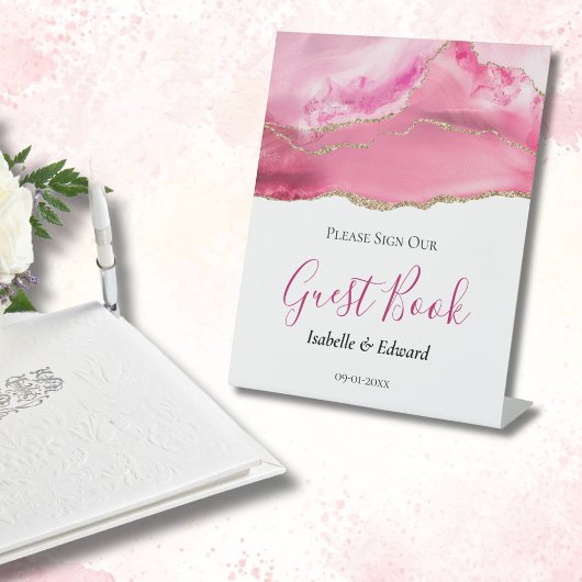 Elegante Rosa & Gold Agate Stone Hochzeit Sockelschild
