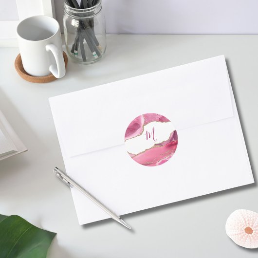 Elegante Rosa & Gold Agate Stone Wedding Classic Runder Aufkleber