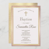 Elegante Rosa Gold Cross Baby Taufe Einladung (Vorne/Hinten)
