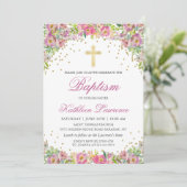 Elegante Rosa Gold Floral Girl Taufe Einladung (Stehend Vorderseite)