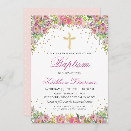 Elegante Rosa Gold Floral Girl Taufe Einladung (Vorne/Hinten)