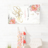 Elegante Rosa & Gold Floral Girl Taufe Willkommen Banner (Insitu)