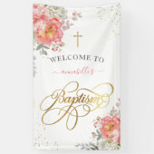 Elegante Rosa & Gold Floral Girl Taufe Willkommen Banner (Vertikal)