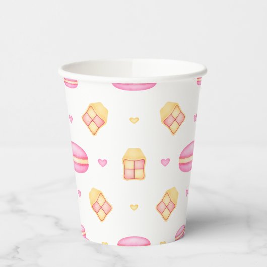 Elegante Rosa & Gold Pastell-Macaroons Pappbecher (Links)