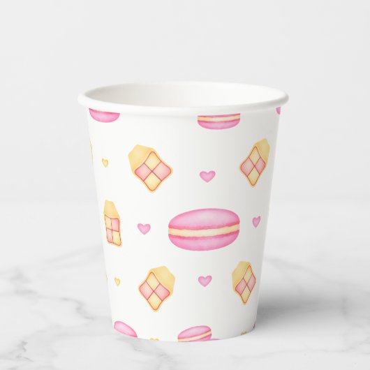 Elegante Rosa & Gold Pastell-Macaroons Pappbecher (Vorderseite)