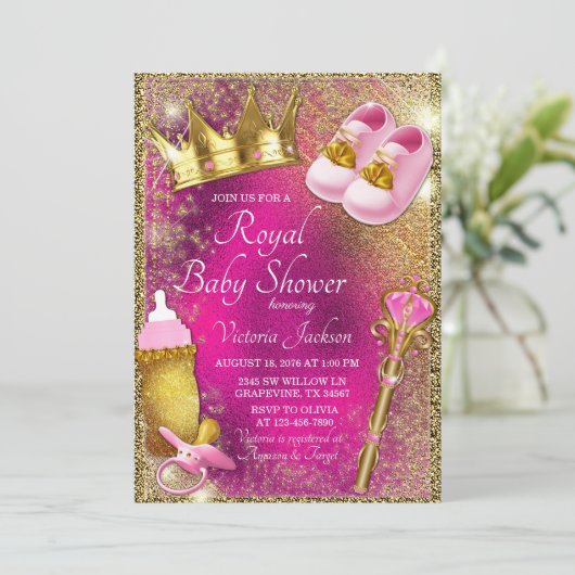 Elegante Rosa Gold Princess Kinderdusche Einladung (Stehend Vorderseite)