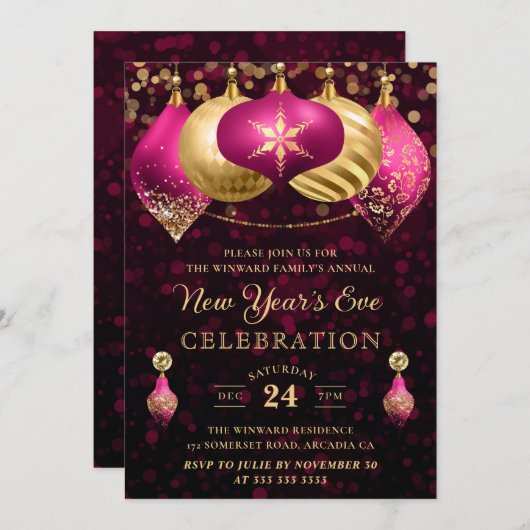 Elegante Rosa & Gold Winter Baubles Neujahr Einladung (Vorne/Hinten)