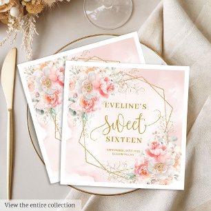 Elegante rosa goldene Blumen Sweet 16 Geburtstag Serviette