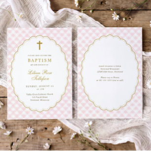 Elegante rosa goldene Kreuz Gingham Karo Taufe Einladung