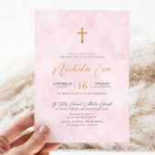 Elegante Rosa Goldkreuz Taufe Einladung