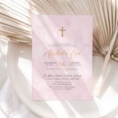Elegante Rosa Goldkreuz Taufe Einladung
