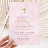 Elegante Rosa Goldkreuz Taufe Einladung