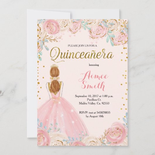 Elegante rosa GoldQuinceanera Einladung (Vorderseite)