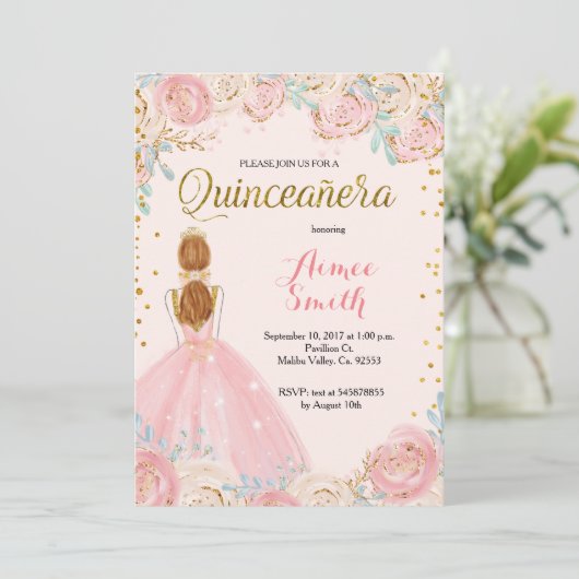 Elegante rosa GoldQuinceanera Einladung (Stehend Vorderseite)