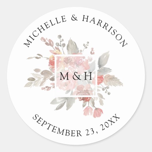 Elegante, rosa, graue, florale Umschlag Aufkleber (Vorderseite)