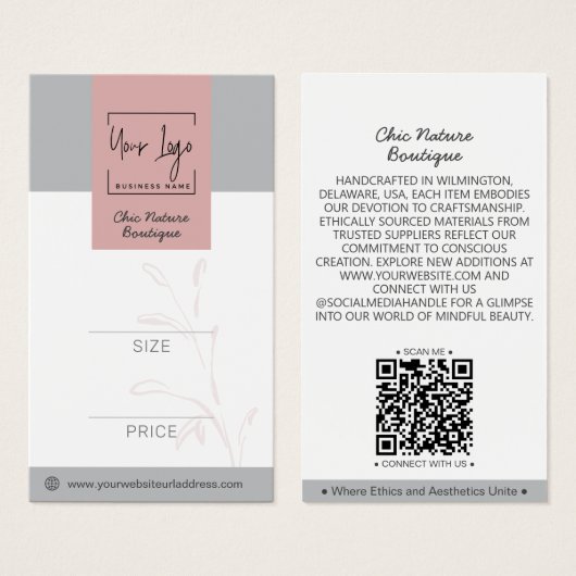Elegante Rosa & Gray botanische QR Preis-Tag (Vorne & Hinten)