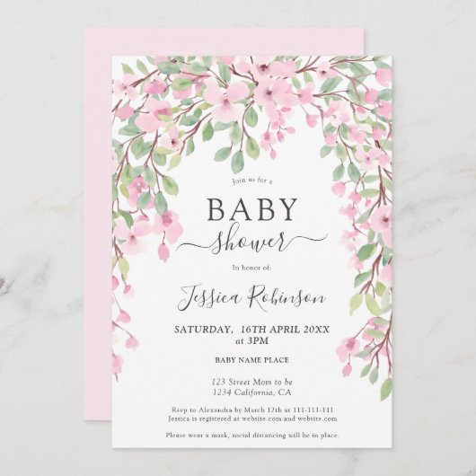 Elegante rosa grüne, blumenfarbene Dusche Einladung (Vorne/Hinten)