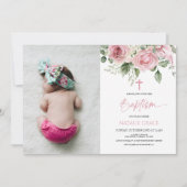 Elegante rosa grüne Blumenstatuen Taufe Einladung (Vorderseite)