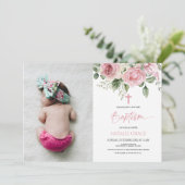 Elegante rosa grüne Blumenstatuen Taufe Einladung (Stehend Vorderseite)