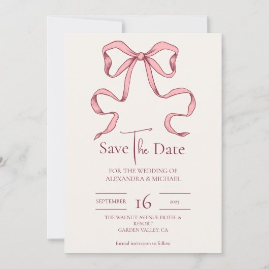 Elegante Rosa Hand Drawn Bow Wedding Save The Date (Vorderseite)