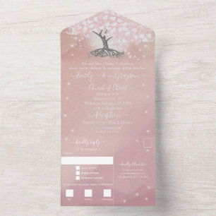 Elegante Rosa Herz Blatt Baum Hochzeit All In One Einladung