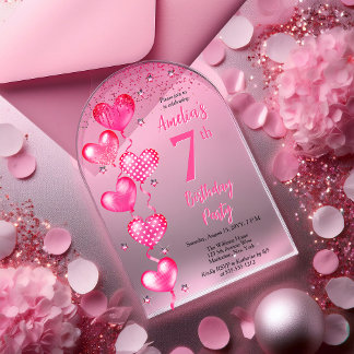 Elegante Rosa Herzblasen 7. Geburtstagsparty Acryleinladungen