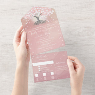 Elegante Rosa Herzblatt-Baum-Hochzeit Alles Inklus All In One Einladung
