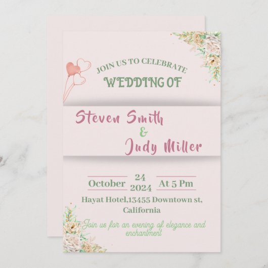 Elegante Rosa Hochzeit Einladung einfache Blume (Vorne/Hinten)