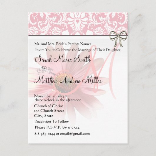 Elegante rosa Hochzeit Einladungspostkarte (Vorderseite)