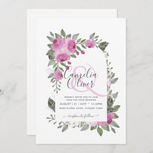 Elegante Rosa Hochzeitsfeier Einladung (Vorne/Hinten)