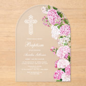 Elegante rosa Hydrangeenbogen Taufe Acryleinladungen (Vorderseite)