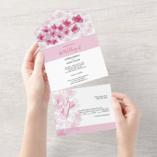 Elegante rosa Kirschblüten Aquarell All In One Einladung