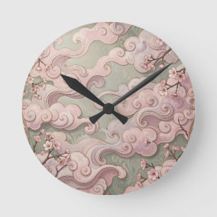 Elegante rosa Kirschblüten Art Nouveau Wirbel  Runde Wanduhr