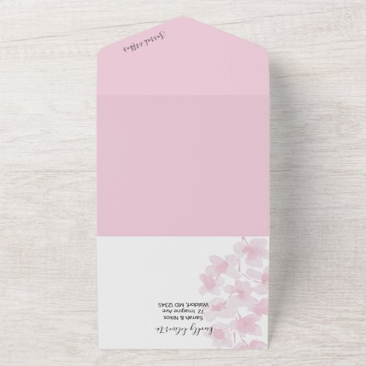 Elegante rosa Kirschblüten Wasserfarbe All In One Einladung (Außenbereich)