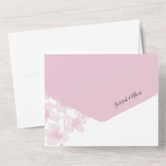 Elegante rosa Kirschblüten Wasserfarbe All In One Einladung (Rückseite)