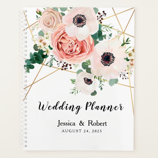 Elegante Rosa Korallen Blume Hochzeit personalisie Planer (Vorderseite)