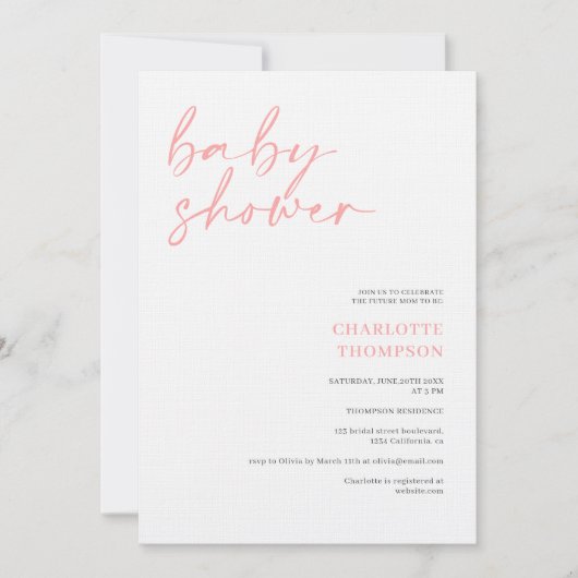 Elegante, rosa, lässige Script-Babydusche Einladung (Vorderseite)