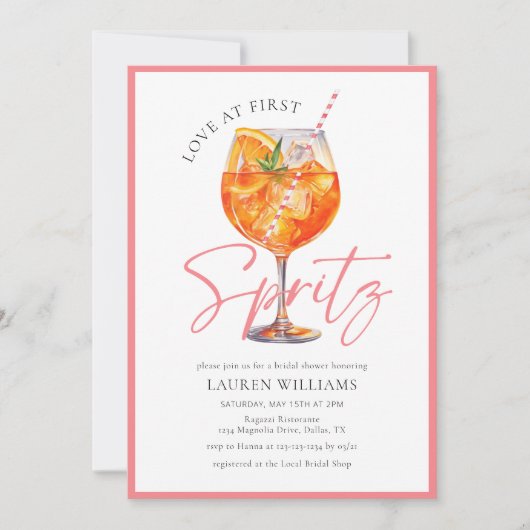 Elegante rosa Liebe im ersten Spritz-Brautparty Einladung (Vorderseite)