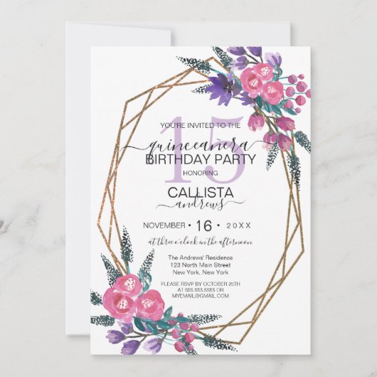 Elegante rosa Lila Aquarellfarben Blume Quinceañer Einladung (Vorderseite)