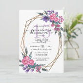 Elegante rosa Lila Aquarellfarben Blume Quinceañer Einladung (Stehend Vorderseite)