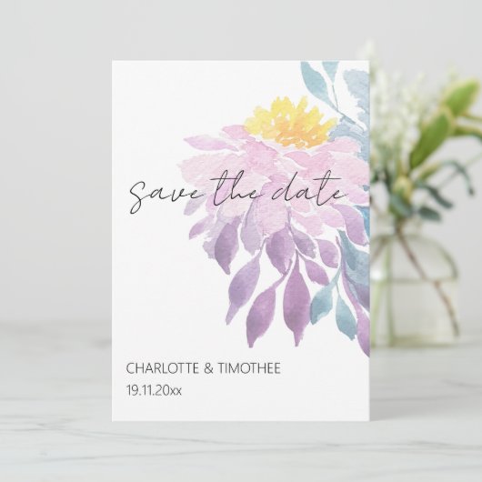 Elegante Rosa Lila Blau Dahlia Save The Date (Stehend Vorderseite)