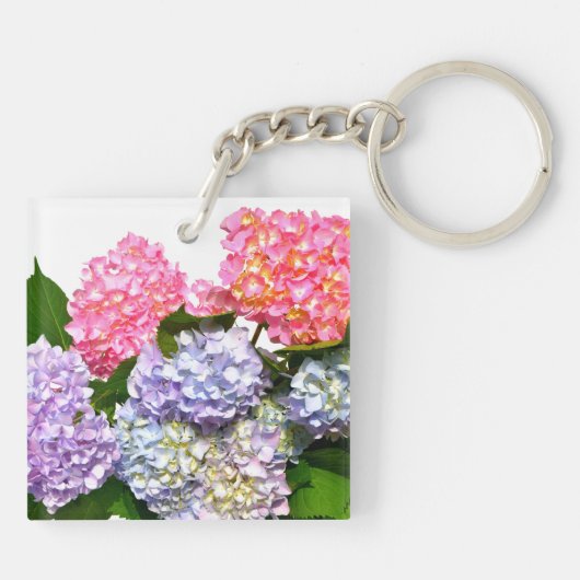 Elegante, rosa, lila-blaue Blütenblätter Hydrangea Schlüsselanhänger (Rückseite)