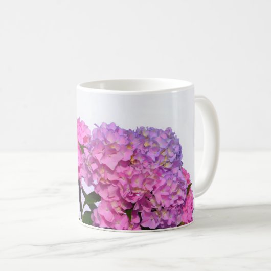 Elegante, rosa, lila Blumendörfchen Hydrangeas Kaffeetasse (VorderseiteRechts)