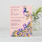 Elegante rosa Lila Imitate Glitzer Peacock Wedding Einladung (Stehend Vorderseite)