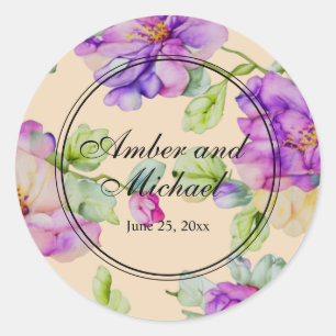 Elegante rosa lila Wasserfarbe Blumen Hochzeit Runder Aufkleber