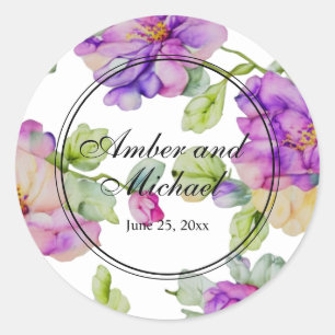 Elegante rosa lila Wasserfarbe florale Hochzeit Runder Aufkleber